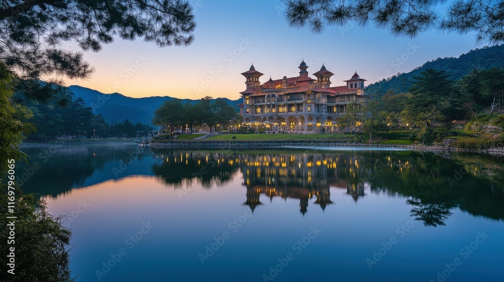 Fototapeta premium Photo of Prince Ch gradient blue sky with the reflection on water surface at sunset, distant view set in front and right side is rugged majestic grand building that looks like an mosque located near