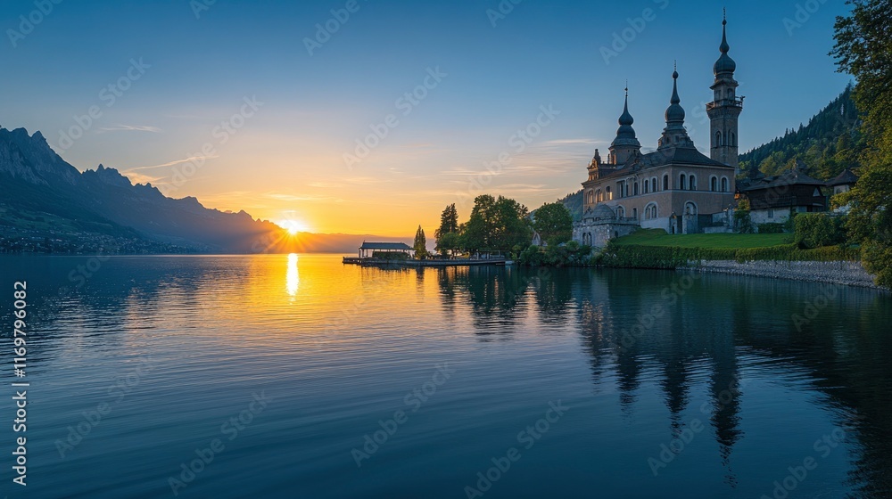 Fototapeta premium Photo of Prince Ch gradient blue sky with the reflection on water surface at sunset, distant view set in front and right side is rugged majestic grand building that looks like an mosque located near