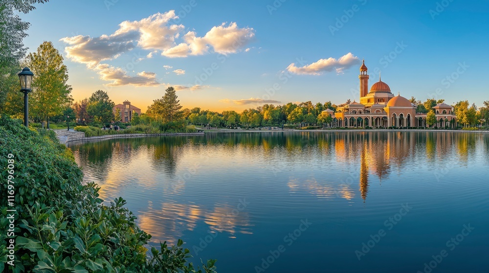 Obraz premium Photo of Prince Ch gradient blue sky with the reflection on water surface at sunset, distant view set in front and right side is rugged majestic grand building that looks like an mosque located near