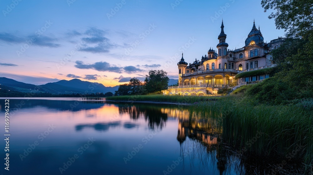 Photo of Prince Ch gradient blue sky with the reflection on water surface at sunset, distant view set in front and right side is rugged majestic grand building that looks like an mosque located near Photo of Prince Ch gradient blue sky with the reflection on water surface at sunset, distant view set in front and right side is rugged majestic grand building that looks like an mosque located near