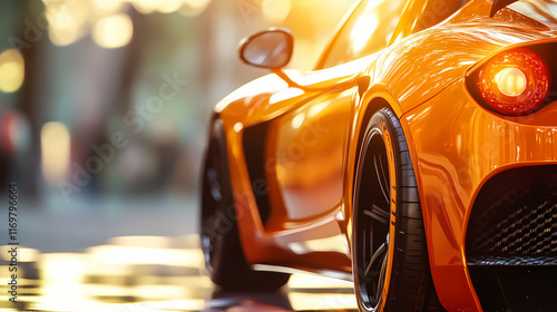 Fototapeta Naklejka Na Ścianę i Meble -  Close-up of a glossy orange sports car with black wheels, a carbon fiber splitter and a headlight reflecting the sun. Shadowlight. Illustration