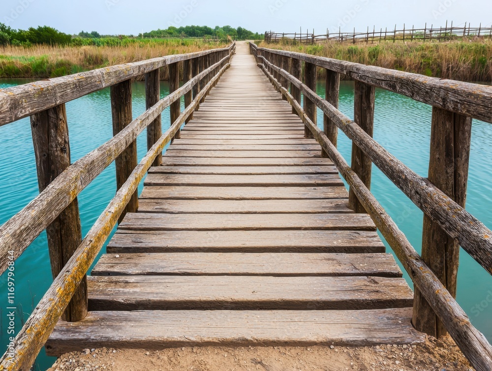 Wooden Bridge Over Calm Water in a Scenic Nature Landscape Wooden Bridge Over Calm Water in a Scenic Nature Landscape