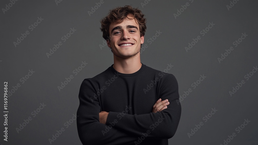 Portrait handsome smiling young man with folded arms. Serious cheerful men with crossed hands studio shot. Isolated on gray background Portrait handsome smiling young man with folded arms. Serious cheerful men with crossed hands studio shot. Isolated on gray background