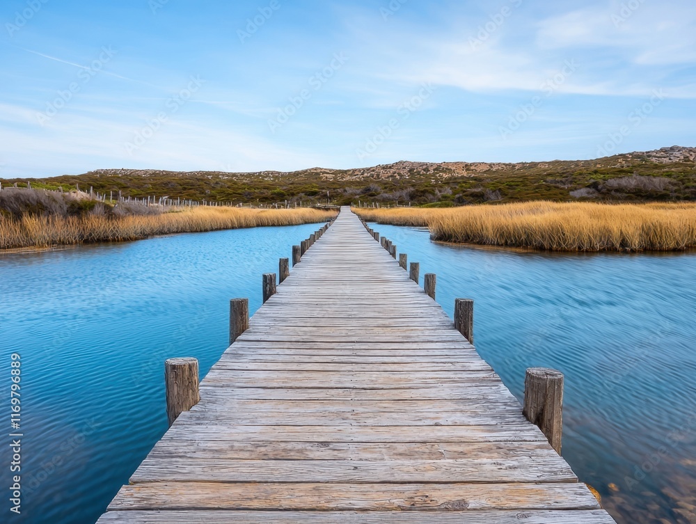 Fototapeta premium Serene Wooden Pathway Leading Through Tranquil Waters and Nature