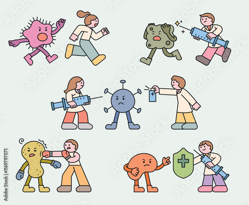 Cute virus characters. Doctor characters fighting viruses. Cuttiny character with outline.