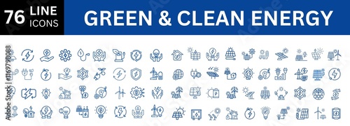 Green and Clean energy icon set. Collection of renewable energy, ecology and green electricity icons. Vector illustration.