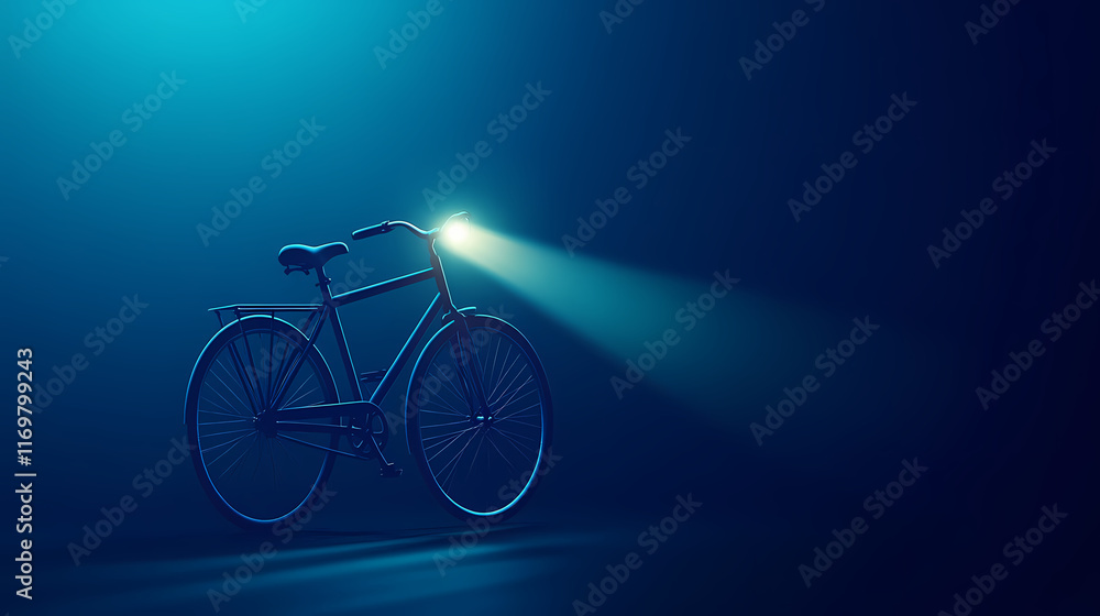 Fototapeta premium A minimalist photo of a bicycle with a bright headlight, casting a beam in a dark, blue-toned background, emphasizing solitude and adventure. Shadowlight. Illustration
