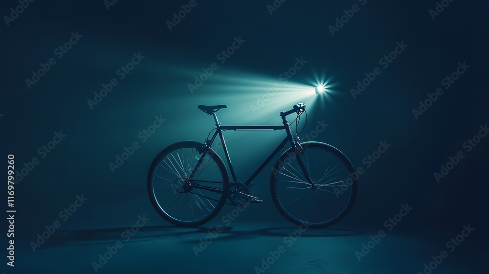 Fototapeta premium A minimalist photo of a bicycle with a bright headlight, casting a beam in a dark, blue-toned background, emphasizing solitude and adventure. Shadowlight. Illustration