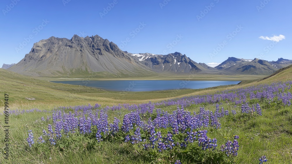 Fototapeta premium Stokksnes and vestrahorn mountain in Iceland with lake, blue sky, sunny day, beautiful landscape with colorful purple Lupine flowers on the ground, panorama view, high resolution photography