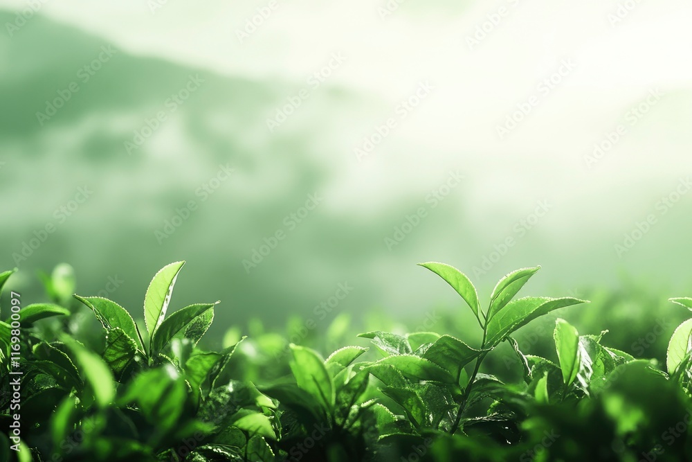 Tea plantation in the mountains, blurred background of foggy hills at sunrise. Green tea leaves on foreground. High quality photo. Textured background. Image for advertising natural organic food Tea plantation in the mountains, blurred background of foggy hills at sunrise. Green tea leaves on foreground. High quality photo. Textured background. Image for advertising natural organic food