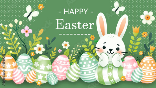 Happy Easter banner. Eggs and bunny in pastel colors. Modern minimal style. Horizontal poster, greeting card, header for website 