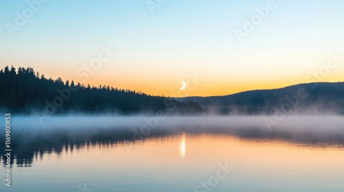 Wallpaper Mural Calm lake surrounded by trees shows a crescent moon above misty waters, capturing the peaceful dawn colors and tranquility of nature Torontodigital.ca