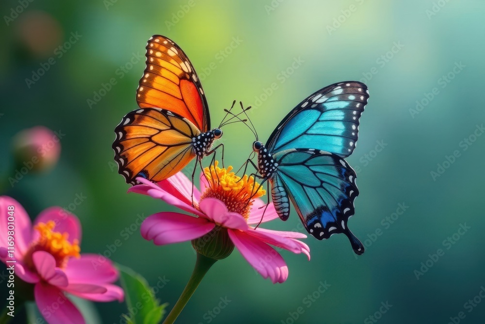 Two butterflies perch on a colorful flower stem, sunshine, summer Two butterflies perch on a colorful flower stem, sunshine, summer