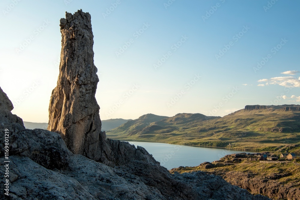 Naklejka premium The iconic view of the Old Man rock spire on Skye island in Scotland, with its unique and dramatic landscape, overlooking traditional Scottish lo scientists . The photo was taken during golden hour to