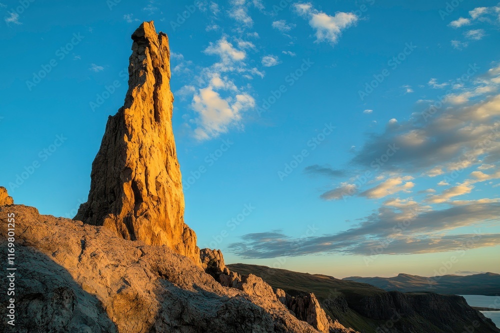 Obraz premium The iconic view of the Old Man rock spire on Skye island in Scotland, with its unique and dramatic landscape, overlooking traditional Scottish lo scientists . The photo was taken during golden hour to