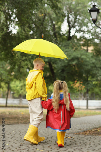 Children with umbrella walk...