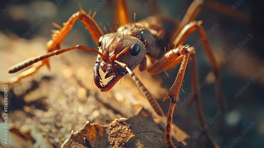 Close-up of a large red ant on wood, detailed texture and sharp focus. Close-up of a large red ant on wood, detailed texture and sharp focus.
