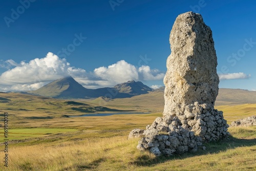 The Old Man of StorCribs from the movie blockbuste in The Scottish Link, an iconic landscape on Skye island with its rock spire overlooking golden green rolling hills and blue sky, lake ofdearth photo