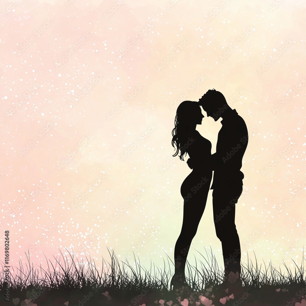 Silhouette of a loving couple embracing, with soft pastel colors in the background. Silhouette of a loving couple embracing, with soft pastel colors in the background.