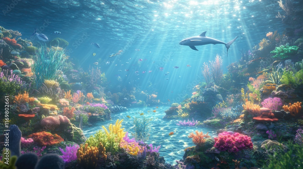 Fototapeta premium Vibrant Coral Reef with Dynamic Sea Life in Clear Water