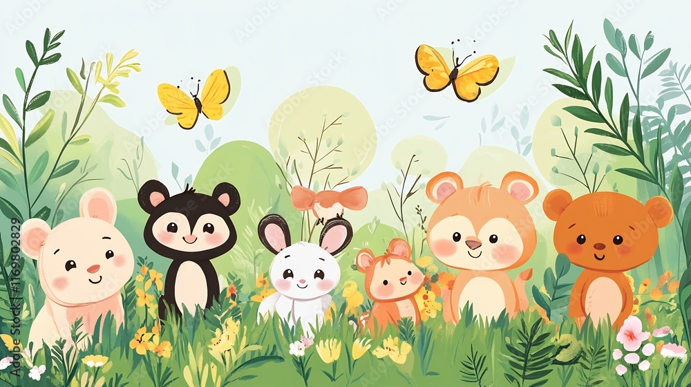 Naklejka premium Adorable Baby Animals in a Lush Green Meadow