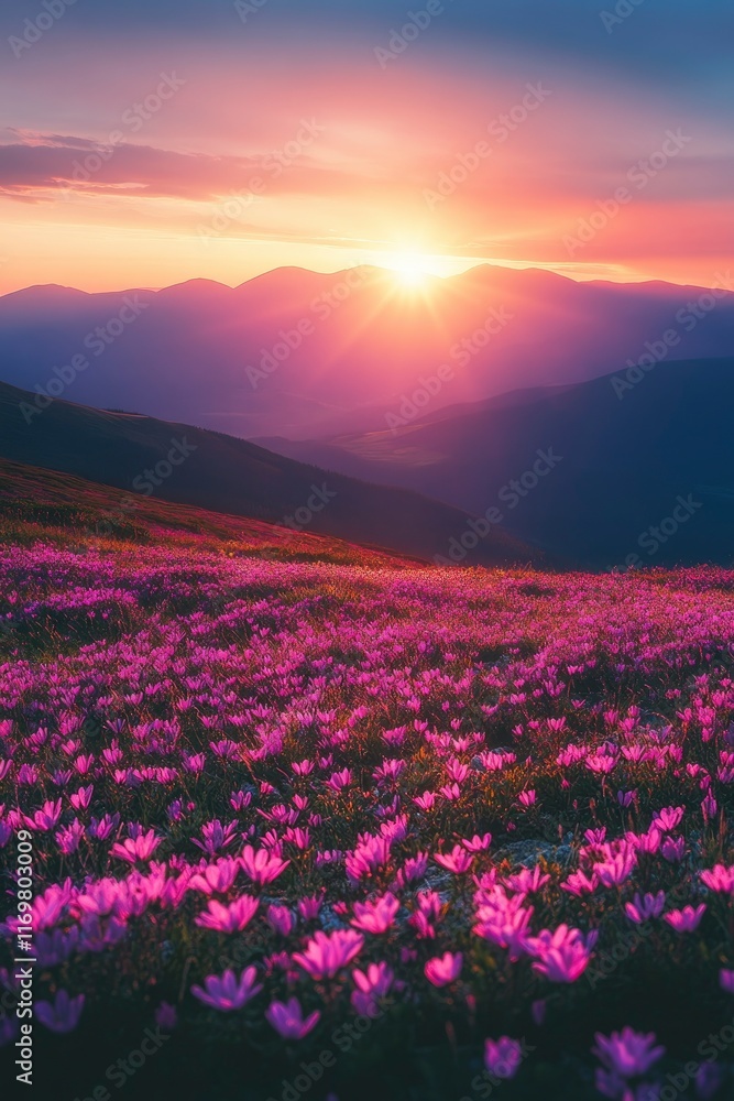 Fototapeta premium The sun shines on the vibrant pink firefall flowers in Clipper Field, Great National Park at sunrise, with towering mountains visible across the horizon. The colorful wildflowers line the valley floor