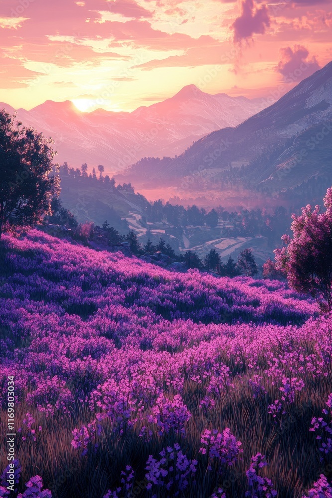 Fototapeta premium The sun shines on the vibrant pink firefall flowers in Clipper Field, Great National Park at sunrise, with towering mountains visible across the horizon. The colorful wildflowers line the valley floor