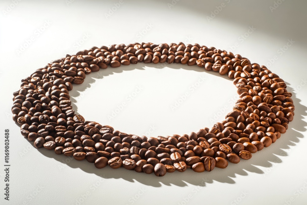 Obraz premium Coffee beans arranged in a circle on a white background, forming a frame.