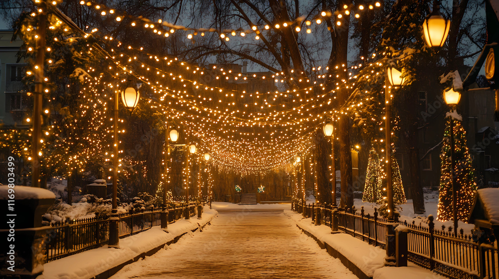 Sparkling Christmas Lights Against Snowy Evening Backdrop Sparkling Christmas Lights Against Snowy Evening Backdrop