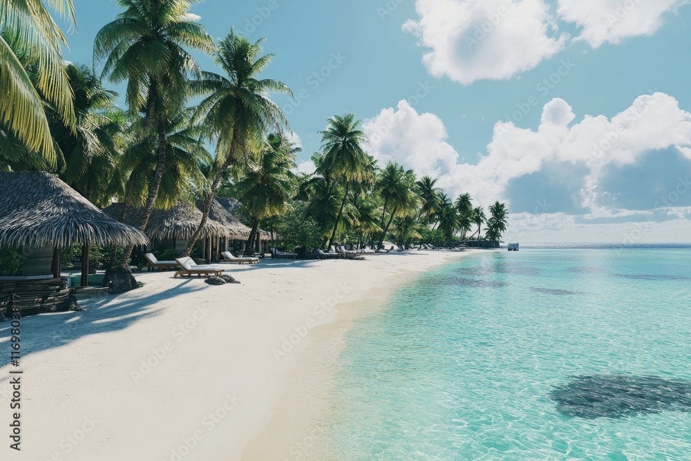 Fototapeta premium Tropical beach with palm trees and turquoise water in the Maldives, winner of the Gemini Crater. high-resolution stock photo, sharp focus, highly detailed, hyper-realistic, super detailed.