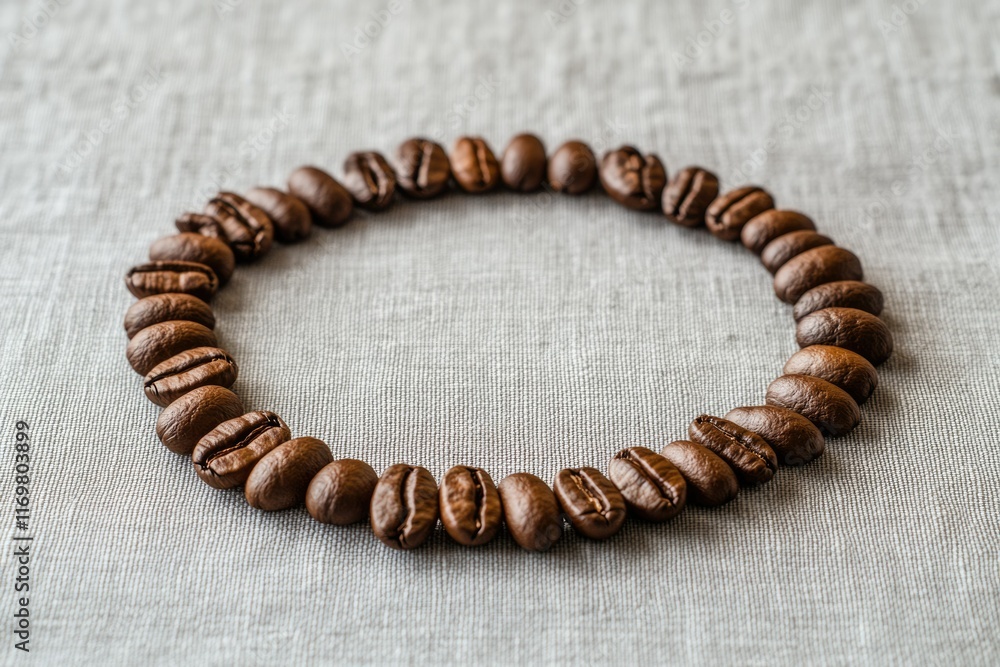 Coffee beans arranged in a circle on a linen fabric background. Coffee beans arranged in a circle on a linen fabric background.