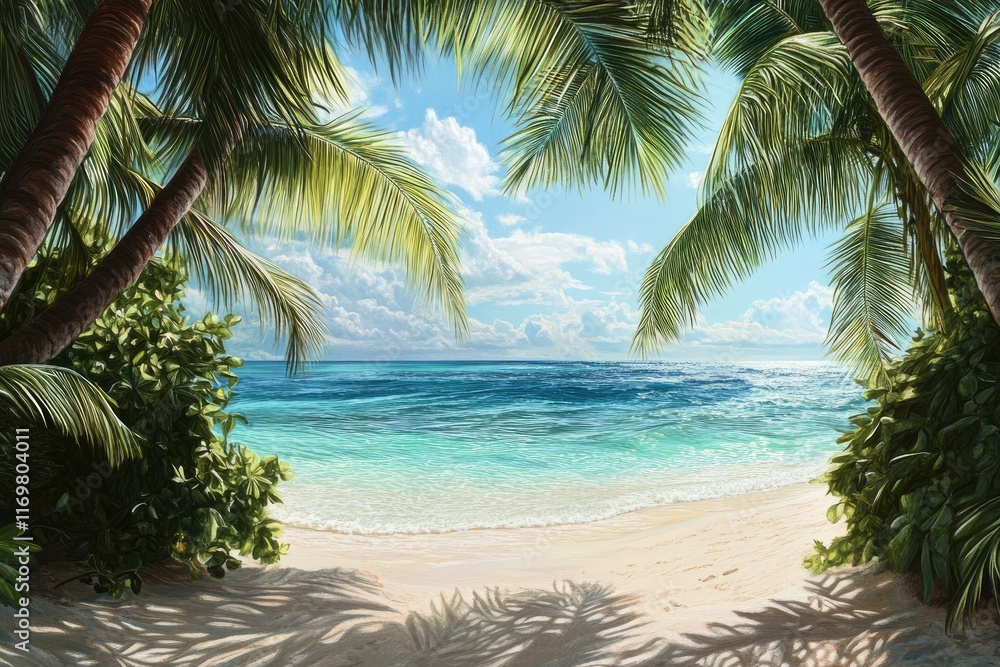 Fototapeta premium Tropical beach with palm trees and turquoise water in the Maldives, winner of the Gemini Crater. high-resolution stock photo, sharp focus, highly detailed, hyper-realistic, super detailed.