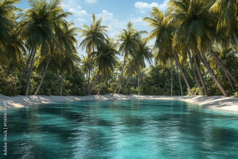 Obraz premium Tropical beach with palm trees and turquoise water in the Maldives, winner of the Gemini Crater. high-resolution stock photo, sharp focus, highly detailed, hyper-realistic, super detailed.