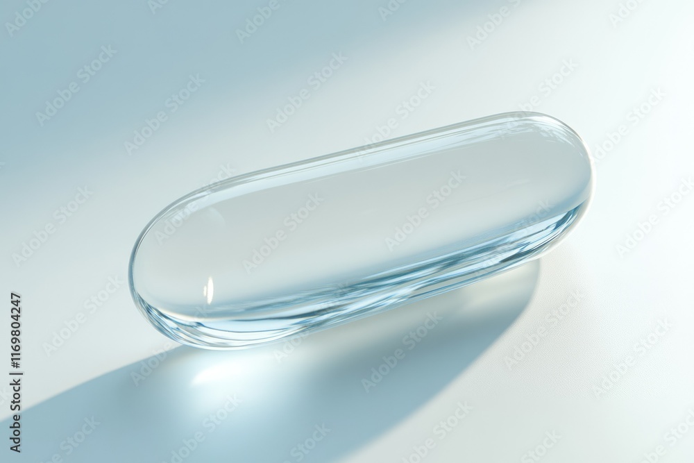 A single, transparent capsule rests on a light blue surface, symbolizing medicine or health. A single, transparent capsule rests on a light blue surface, symbolizing medicine or health.
