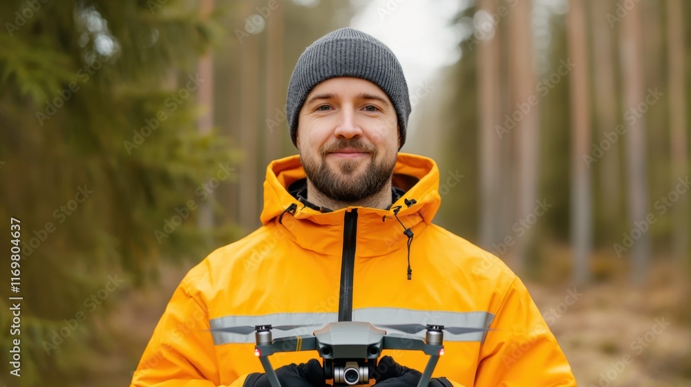 Enthusiastic man in orange jacket holding drone in forest setting Enthusiastic man in orange jacket holding drone in forest setting
