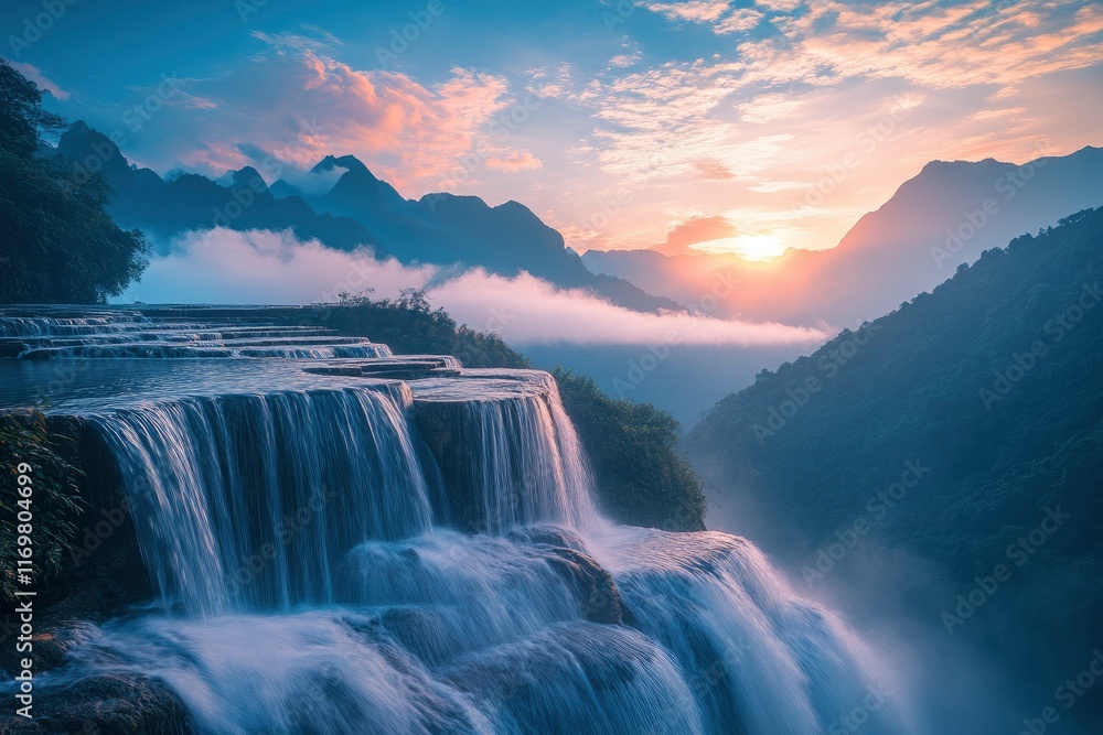 Fototapeta premium Waterfall, blue sky, and pink sunset. Colorful clouds in the background of mountain peaks create a spectacular view of stone terraces with flowing water. The light shines through the misty mountains, 