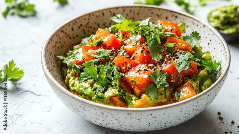 A bowl of fresh guacamole topped with diced tomatoes and cilantro. A bowl of fresh guacamole topped with diced tomatoes and cilantro.