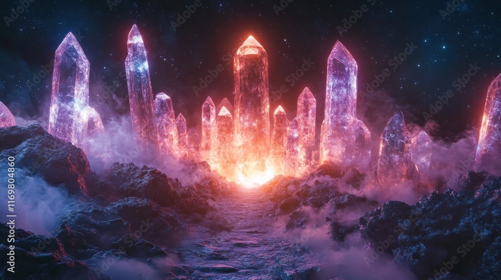 Breathtaking digital showcasing a fantastical landscape of glowing crystal formations amidst a starry night sky creating a mesmerizing and otherworldly atmosphere Breathtaking digital showcasing a fantastical landscape of glowing crystal formations amidst a starry night sky creating a mesmerizing and otherworldly atmosphere