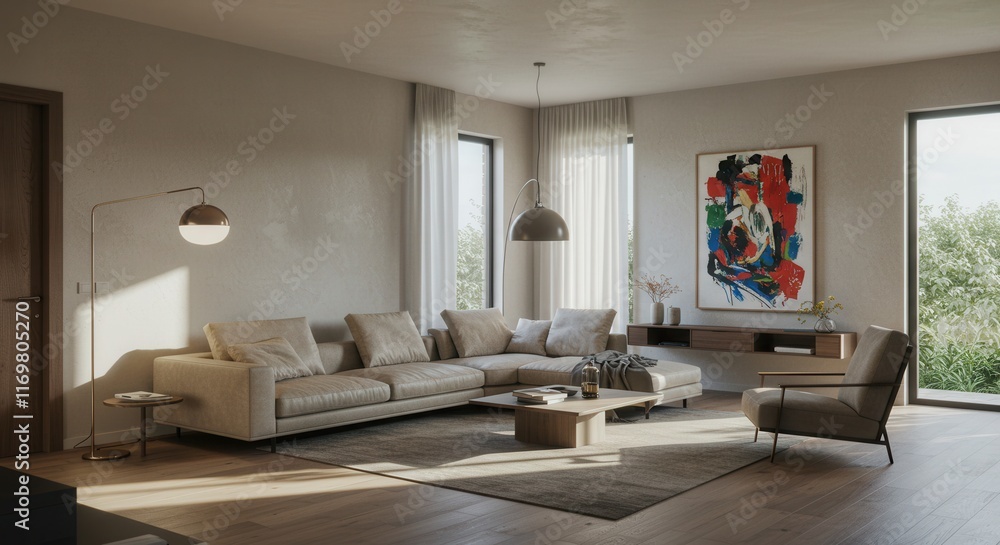 Fototapeta premium Modern living room interior with neutral tones and abstract art