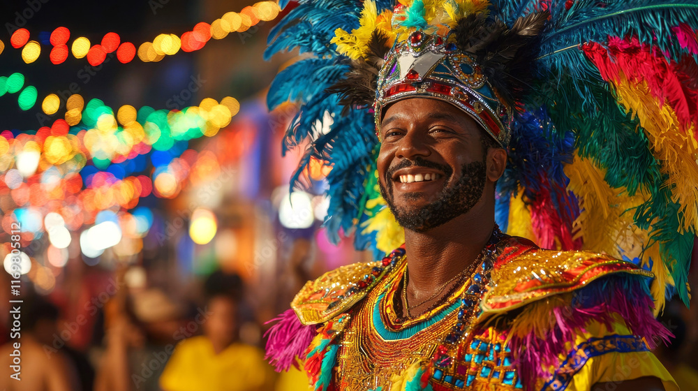 Joyful Man Celebrating Brazilian Carnival in Colorful Feathered Costume. Concept of Cultural Festivity, Joyful Celebration, Vibrant Tradition, and Diverse Heritage.. Copy space Joyful Man Celebrating Brazilian Carnival in Colorful Feathered Costume. Concept of Cultural Festivity, Joyful Celebration, Vibrant Tradition, and Diverse Heritage.. Copy space