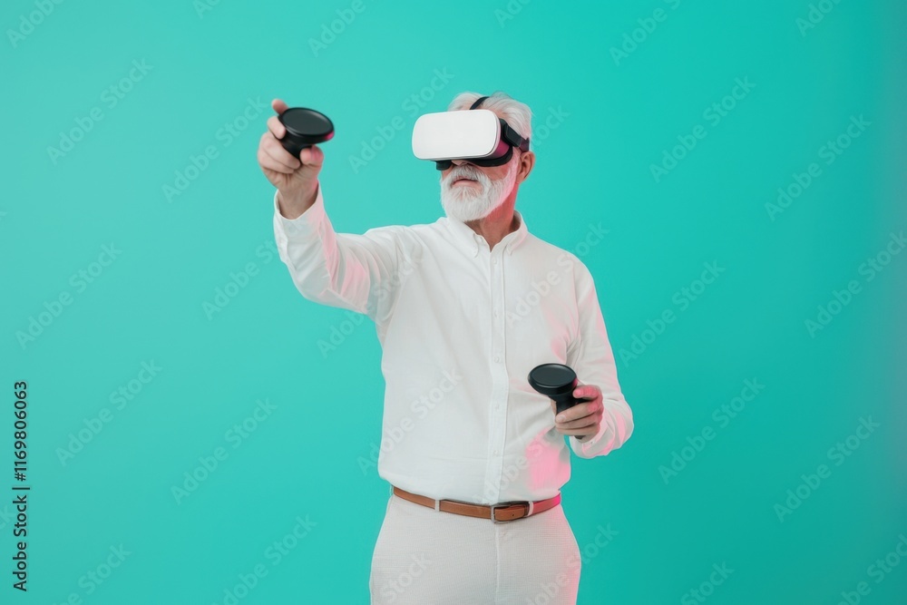 Senior Man Enjoys Virtual Reality Experience with VR Headset and Controllers Senior Man Enjoys Virtual Reality Experience with VR Headset and Controllers