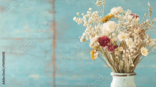 A vintage dried flower arrangement in a rustic vase rests against a blue wooden background, adding a touch of charm and nostalgia to the decor photo