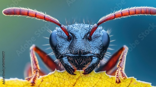 Close-up macro photograph of a blue ant on a yellow leaf. photo