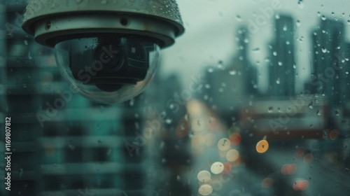 A security camera captures a rainy city street with blurred lights and modern buildings under overcast skies, revealing urban life photo