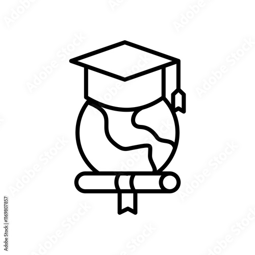study abroad icon,
Graphic showing graduation cap on globe, diploma below. Suitable for educational concepts, international students, graduation themes, and academic presentations.