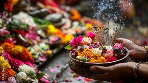 Close-Up of Hands Holding Traditional Offerings at Indian Maha Shivaratri Festival. Concept of Indian Culture, Devotion, Religious Celebration, and Spiritual Rituals photo