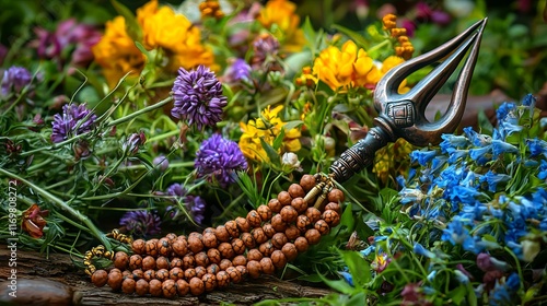 Close-Up of Rudraksha Mala with Trishul Surrounded by Colorful Flowers. Concept of Indian Tradition, Maha Shivaratri, Spirituality, and Cultural Symbols photo