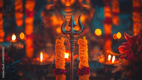 Decorative Trident Adorned with Marigold Garlands in Temple Setting with Candlelit Glow. Concept of Indian Culture, Spiritual Traditions, Symbolism, and Religious Ceremony. Indian Maha Shivaratri photo