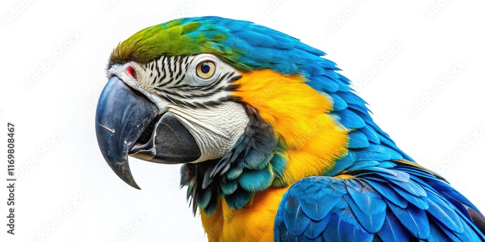 Obraz premium Blue and yellow macaw shines in vibrant tropical fashion photography; exotic plumage, stylish elegance.