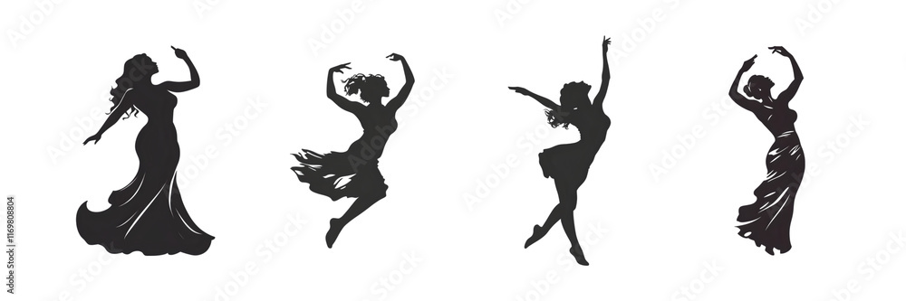 Four elegant silhouetted dancers showcasing various dance poses. Four elegant silhouetted dancers showcasing various dance poses.